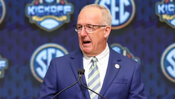 Jul 16, 2025; Atlanta, GA, USA; SEC commissioner Greg Sankey speaks to the media during the SEC Media Day at Omni Atlanta Hotel. Mandatory Credit: Jordan Godfree-Imagn Images