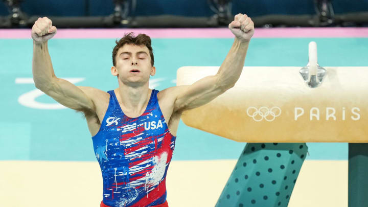 USA gymnast Stephen Nedoroscik reacts after performing on the pommel horse during the Paris 2024 Olympic Summer Games at Bercy Arena.