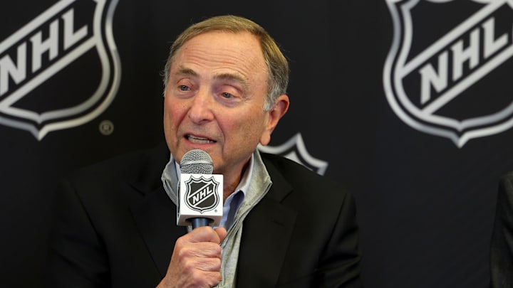 Jan 12, 2026; Buffalo, New York, USA;  NHL Commissioner Gary Bettman along with Buffalo Sabres owner Terry Pegula announce that the 2026 NHL Draft will take place in Buffalo at KeyBank Center. 
