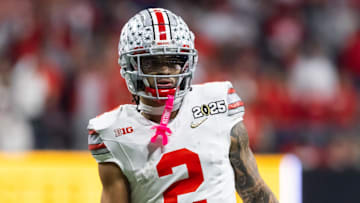 Jan 20, 2025; Atlanta, GA, USA; Ohio State Buckeyes wide receiver Emeka Egbuka (2) against the Notre Dame Fighting Irish during the CFP National Championship college football game at Mercedes-Benz Stadium. Mandatory Credit: Mark J. Rebilas-Imagn Images