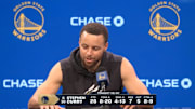 Golden State Warriors guard Steph Curry speaks with reporters on March 15, 2025.