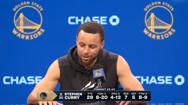 Golden State Warriors guard Steph Curry speaks with reporters on March 15, 2025.