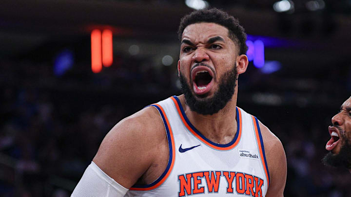 Apr 18, 2026; New York, New York, USA; New York Knicks center Karl-Anthony Towns (32) reacts during the fourth quarter of the 2026 NBA Playoffs against the Atlanta Hawks at Madison Square Garden. Mandatory Credit: Vincent Carchietta-Imagn Images
