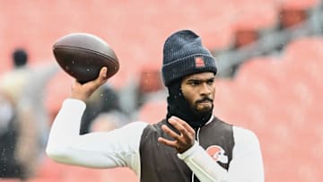 Dec 7, 2025; Cleveland, Ohio, USA; Cleveland Browns quarterback Shedeur Sanders (12) warms up before the game against the Tennessee Titans at Huntington Bank Field.