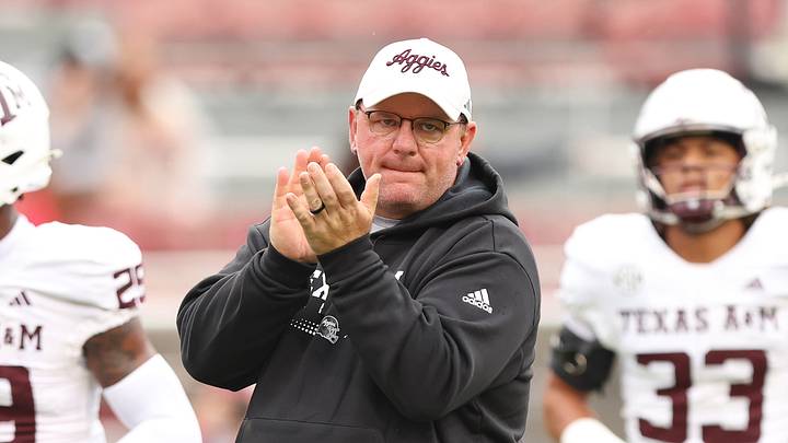Oct 18, 2025; Fayetteville, Arkansas, USA; Texas A&M Aggies head coach Mike Elko prior to the game against the Arkansas Razorbacks at Donald W. Reynolds Razorback Stadium. Mandatory Credit: Nelson Chenault-Imagn Images