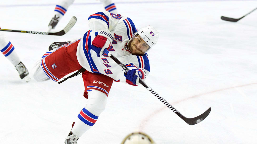 Sep 22, 2015; Philadelphia, PA, USA; New York Rangers center Ryan Bourque (29) warms up before a game against the Philadelphia Flyers at Wells Fargo Center. Mandatory Credit: Bill Streicher-Imagn Images