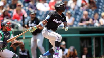 Jun 16, 2024; Washington, District of Columbia, USA; Miami Marlins outfielder Jazz Chisholm Jr. (2) singles during the first inning in a game against the Washington Nationals at Nationals Park. Mandatory Credit: Daniel Kucin Jr.-USA TODAY Sports