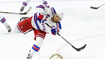 Sep 22, 2015; Philadelphia, PA, USA; New York Rangers center Ryan Bourque (29) warms up before a game against the Philadelphia Flyers at Wells Fargo Center. Mandatory Credit: Bill Streicher-Imagn Images