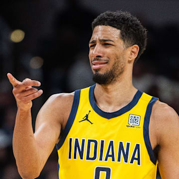 Indiana Pacers guard Tyrese Haliburton wore matching PUMA sneakers with the team mascot. | Sam Navarro-Imagn Images