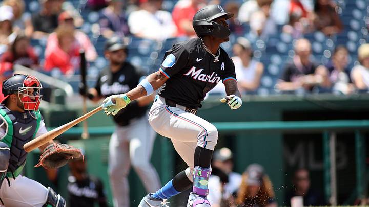 Jun 16, 2024; Washington, District of Columbia, USA; Miami Marlins outfielder Jazz Chisholm Jr. (2) singles during the first inning in a game against the Washington Nationals at Nationals Park. Mandatory Credit: Daniel Kucin Jr.-USA TODAY Sports