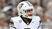 Sep 21, 2024; College Station, Texas, USA; Bowling Green Falcons quarterback Connor Bazelak (7) looks to pass the ball during the first quarter against the Texas A&M Aggies at Kyle Field. Mandatory Credit: Maria Lysaker-Imagn Images. 