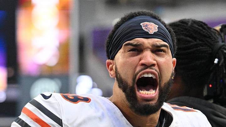 Nov 16, 2025; Minneapolis, Minnesota, USA; Chicago Bears quarterback Caleb Williams (18) reacts after defeating the Minnesota Vikings at U.S. Bank Stadium. Mandatory Credit: Jeffrey Becker-Imagn Images