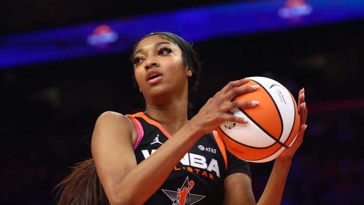 Jul 20, 2024; Phoenix, AZ, USA; Chicago Sky player Angel Reese during the WNBA All Star Game at Footprint Center. Mandatory Credit: Mark J. Rebilas-USA TODAY Sports