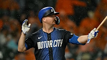 Jun 13, 2025; Detroit, Michigan, USA; Detroit Tigers catcher Jake Rogers (34) steps up to the plate against the Cincinnati Reds as the rain falls in the the seventh inning at Comerica Park. Mandatory Credit: Lon Horwedel-Imagn Images