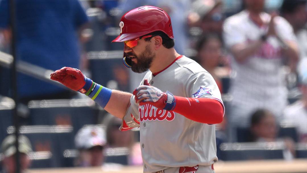 Jun 28, 2026; New York City, New York, USA; Philadelphia Phillies designated hitter Kyle Schwarber (12) reacts after hitting a two run home run against the New York Mets during the seventh inning at Citi Field. 