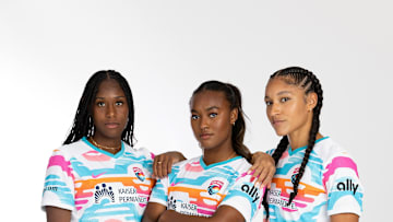Feb 8, 2024; San Diego, CA, USA; Amirah Ali, Jaedyn Shaw and Elyse Bennett pose for a photo during