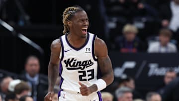 Oct 29, 2024; Salt Lake City, Utah, USA; Sacramento Kings guard Keon Ellis (23) reacts to a shot against the Utah Jazz during the fourth quarter at Delta Center. Mandatory Credit: Rob Gray-Imagn Images