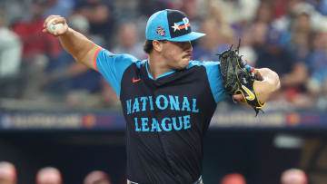 Jul 16, 2024; Arlington, Texas, USA; National League pitcher Paul Skenes of the Pittsburgh Pirates (30) pitches against the American League in the first inning during the 2024 MLB All-Star game at Globe Life Field. Mandatory Credit: Kevin Jairaj-USA TODAY Sports