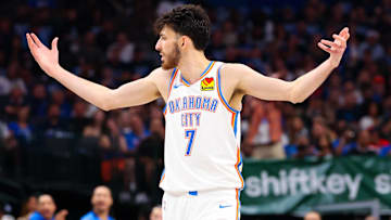 May 11, 2024; Dallas, Texas, USA; Oklahoma City Thunder forward Chet Holmgren (7) reacts during the game against the Dallas Mavericks during game three of the second round for the 2024 NBA playoffs at American Airlines Center. Mandatory Credit: Kevin Jairaj-Imagn Images