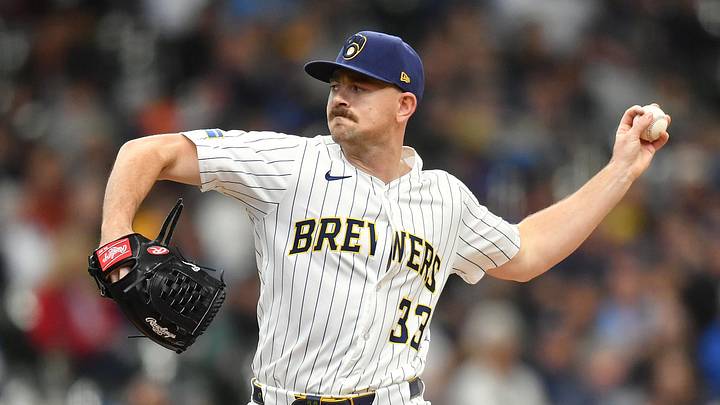 Apr 20, 2025; Milwaukee, Wisconsin, USA; Milwaukee Brewers relief pitcher Tyler Alexander (33) pitches during the seventh inning against the Athletics at American Family Field. Mandatory Credit: Patrick Gorski-Imagn Images