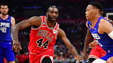 Mar 27, 2023; Los Angeles, California, USA; Los Angeles Clippers guard Russell Westbrook (0) moves to the basket against Chicago Bulls forward Patrick Williams (44) during the second half at Crypto.com Arena. Mandatory Credit: Gary A. Vasquez-Imagn Images
