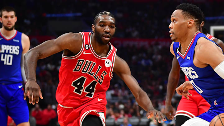 Mar 27, 2023; Los Angeles, California, USA; Los Angeles Clippers guard Russell Westbrook (0) moves to the basket against Chicago Bulls forward Patrick Williams (44) during the second half at Crypto.com Arena. Mandatory Credit: Gary A. Vasquez-Imagn Images