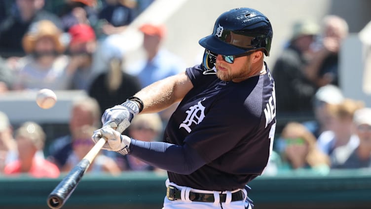 Detroit Tigers outfielder Austin Meadows barrels up a ball and drives it during Spring Training.