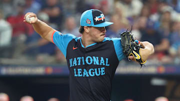 Jul 16, 2024; Arlington, Texas, USA; National League pitcher Paul Skenes of the Pittsburgh Pirates (30) pitches against the American League in the first inning during the 2024 MLB All-Star game at Globe Life Field. Mandatory Credit: Kevin Jairaj-Imagn Images