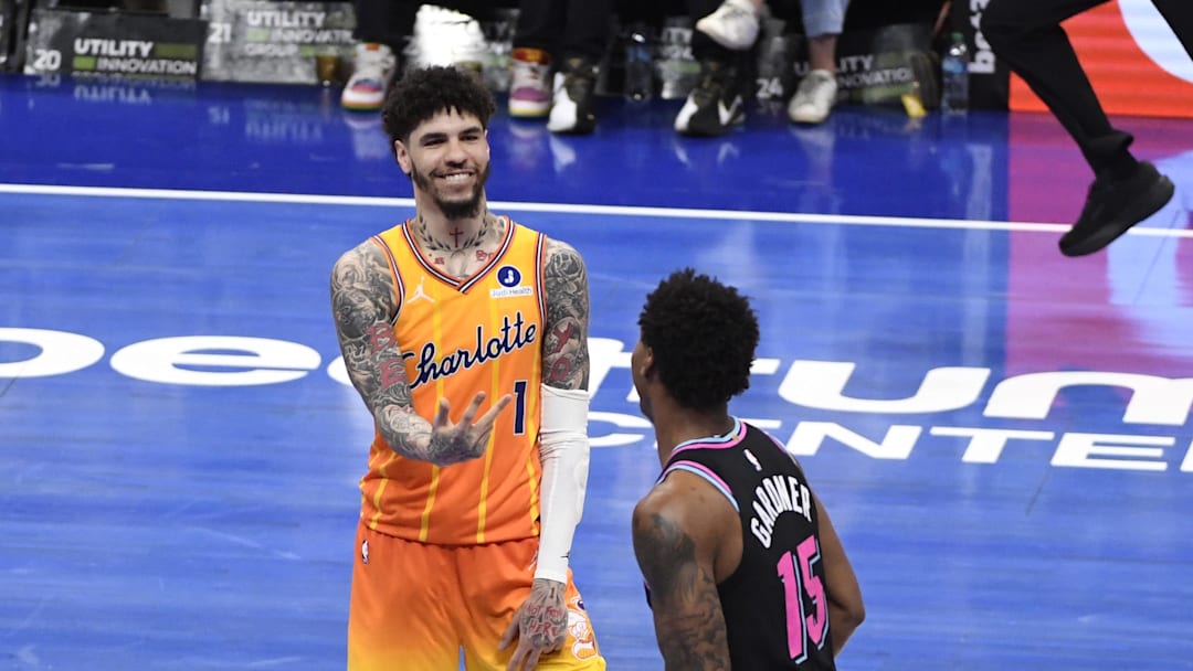 Mar 6, 2026; Charlotte, North Carolina, USA;  Charlotte Hornets guard LaMelo Ball (1) taunts Miami Heat forward Myron Gardner (15) after scoring a three-point shot during the second half at the Spectrum Center. Mandatory Credit: Sam Sharpe-Imagn Images