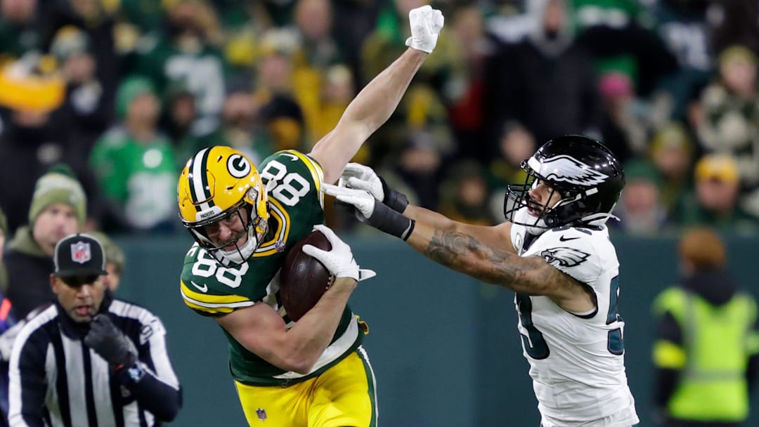 Green Bay Packers tight end Luke Musgrave (88) gains eight yards on a reception against Philadelphia Eagles linebacker Zack Baun (53) during their football game Monday, November 10, 2025, at Lambeau Field in Green Bay, Wisconsin. Green Bay Packers tight end Luke Musgrave (88) gains eight yards on a reception against Philadelphia Eagles linebacker Zack Baun (53) during their football game Monday, November 10, 2025, at Lambeau Field in Green Bay, Wisconsin.