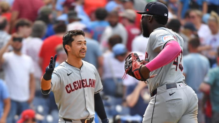 Jul 28, 2024; Philadelphia, Pennsylvania, USA; Cleveland Guardians outfielder Steven Kwan (38) and outfielder Jhonkensy Noel (43) celebrate win  against the Philadelphia Phillies at Citizens Bank Park. Mandatory Credit: Eric Hartline-USA TODAY Sports