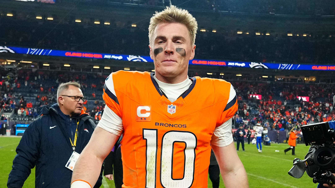 Jan 17, 2026; Denver, CO, USA; Denver Broncos quarterback Bo Nix (10) reacts after winning an AFC Divisional Round playoff game against the Buffalo Bills at Empower Field at Mile High. Mandatory Credit: Ron Chenoy-Imagn Images
