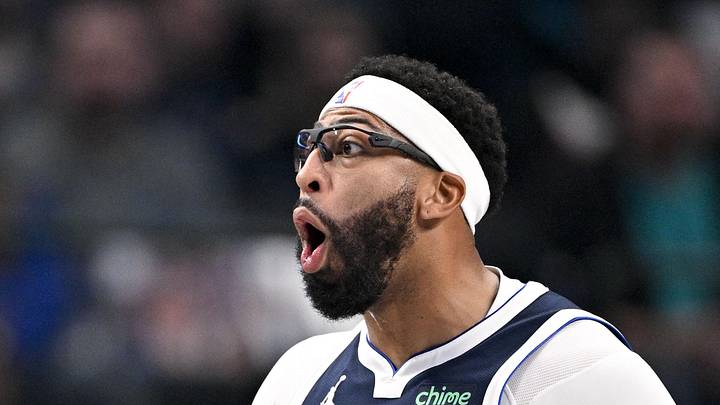 Dec 12, 2025; Dallas, Texas, USA; Dallas Mavericks forward Anthony Davis (3) reacts to a foul call during the first quarter against the Brooklyn Nets at the American Airlines Center. Mandatory Credit: Jerome Miron-Imagn Images