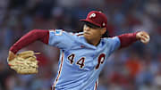 Sep 11, 2025; Philadelphia, Pennsylvania, USA; Philadelphia Phillies pitcher Jesus Luzardo (44) throws a pitch Monday during the first inning at Citizens Bank Park. Mandatory Credit: Bill Streicher-Imagn Images