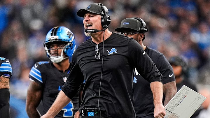 Detroit Lions head coach Dan Campbell reacts to a play against New York Giants during the first half at Ford Field in Detroit on Sunday, Nov. 23, 2025.