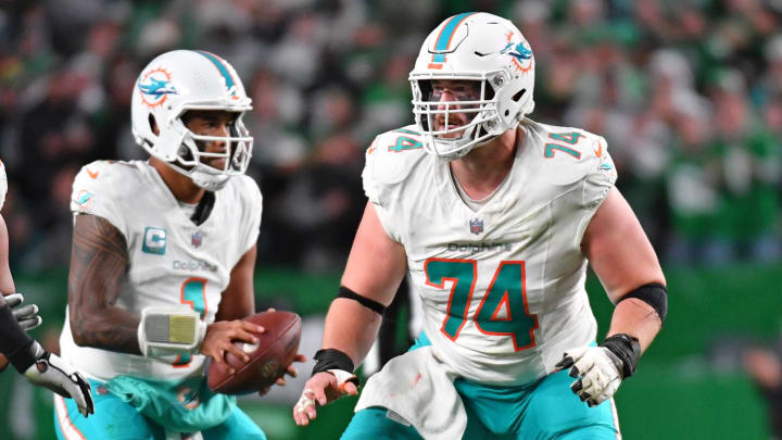 Miami Dolphins offensive tackle Liam Eichenberg (74) against the Philadelphia Eagles at Lincoln Financial Field.