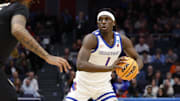Mar 20, 2024; Dayton, OH, USA; Boise State Broncos forward O'Mar Stanley (1) plays the ball in the first half against the Colorado Buffaloes at UD Arena. Mandatory Credit: Rick Osentoski-Imagn Images