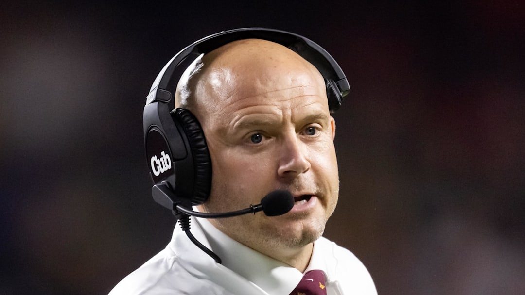 Dec 26, 2025; Phoenix, AZ, USA; Minnesota Golden Gophers head coach P.J. Fleck against the New Mexico Lobos during the Rate Bowl at Chase Field. Mandatory Credit: Mark J. Rebilas-Imagn Images