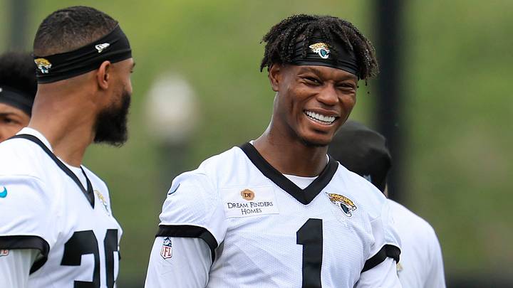 Jacksonville Jaguars cornerback Montaric Brown (1) laughs with other players while walking off the field during the first day of minicamp at the Miller Electric Center, Tuesday, June 9, 2026, in Jacksonville, Fla.