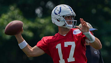 Indianapolis Colts quarterback Daniel Jones (17) throws the ball Tuesday, June 10, 2025, during NFL Colts mandatory mini camp at the Indiana Farm Bureau Football Center in Indianapolis.