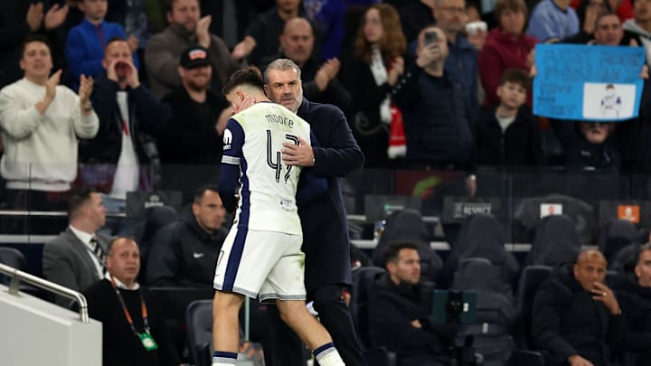 Ange Postecoglu congratulates Mikey Moore on a superb performance 