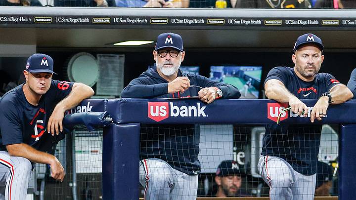 Aug 21, 2026; San Diego, California, USA;  Minnesota Twins manager Derek Shelton (8) watches play during the eighth inning against the San Diego Padres at Petco Park.  Mandatory Credit: David Frerker-Imagn Images