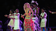 July 11, 2010; Johannesburg, SOUTH AFRICA; Recording artist Shakira performs during the final match in the 2010 World Cup between Netherlands and Spain at Soccer City Stadium.  Mandatory Credit: Valeria Witters/Witters Sport via Imagn Images