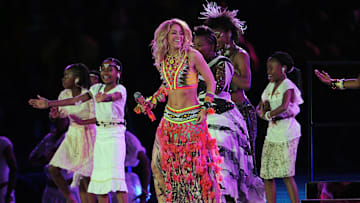 July 11, 2010; Johannesburg, SOUTH AFRICA; Recording artist Shakira performs during the final match in the 2010 World Cup between Netherlands and Spain at Soccer City Stadium.  Mandatory Credit: Valeria Witters/Witters Sport via Imagn Images