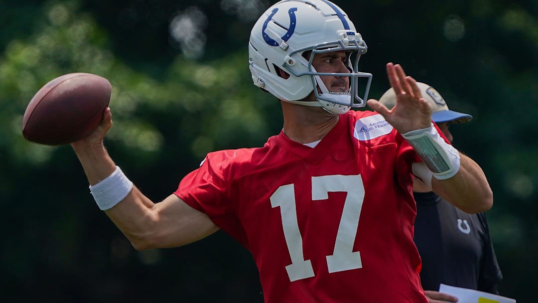 Indianapolis Colts quarterback Daniel Jones (17) throws the ball Tuesday, June 10, 2025, during NFL Colts mandatory mini camp at the Indiana Farm Bureau Football Center in Indianapolis.