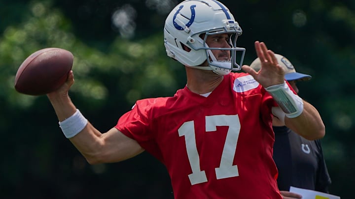 Indianapolis Colts quarterback Daniel Jones (17) throws the ball Tuesday, June 10, 2025, during NFL Colts mandatory mini camp at the Indiana Farm Bureau Football Center in Indianapolis.