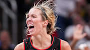 Indiana Fever guard Lexie Hull (10) celebrates a 3-pointer Tuesday, Aug. 26, 2025, during a game between the Indiana Fever and the Seattle Storm at Gainbridge Fieldhouse in Indianapolis.