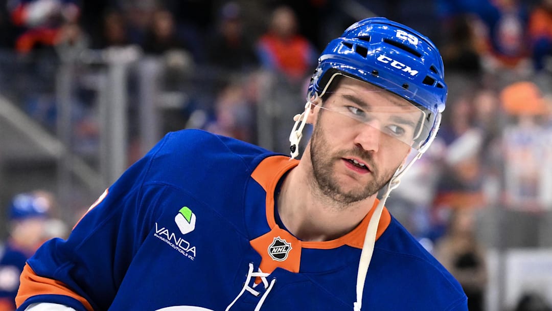 Dec 19, 2025; Elmont, New York, USA; New York Islanders left wing Jonathan Drouin (29) warms up before a game against the Vancouver Canucks at UBS Arena. Mandatory Credit: John Jones-Imagn Images