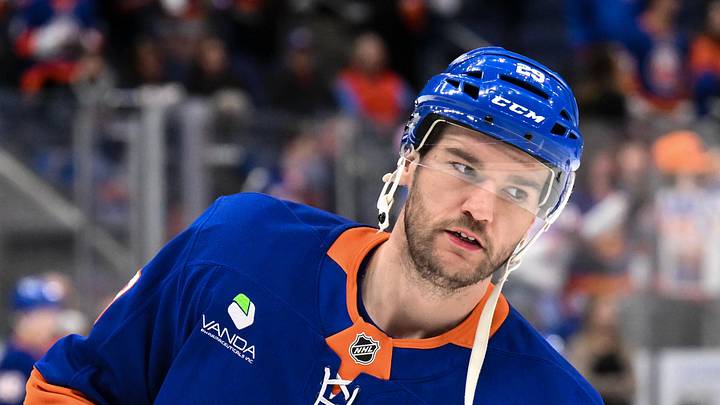 Dec 19, 2025; Elmont, New York, USA; New York Islanders left wing Jonathan Drouin (29) warms up before a game against the Vancouver Canucks at UBS Arena. Mandatory Credit: John Jones-Imagn Images