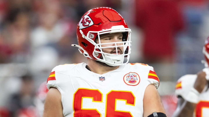 Aug 9, 2025; Glendale, Arizona, USA; Kansas City Chiefs guard Mike Caliendo (66) against the Arizona Cardinals during a preseason NFL game at State Farm Stadium. Mandatory Credit: Mark J. Rebilas-Imagn Images
